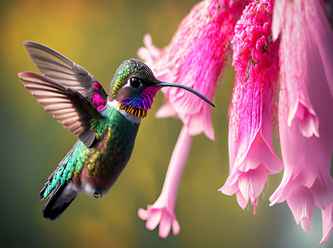 hummingbird hovering and flower nectar feeding