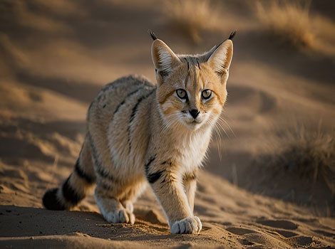 Sand Cat (Felis margarita) resting in the desert, showing its pale sandy coat and broad head adapted for extreme conditions