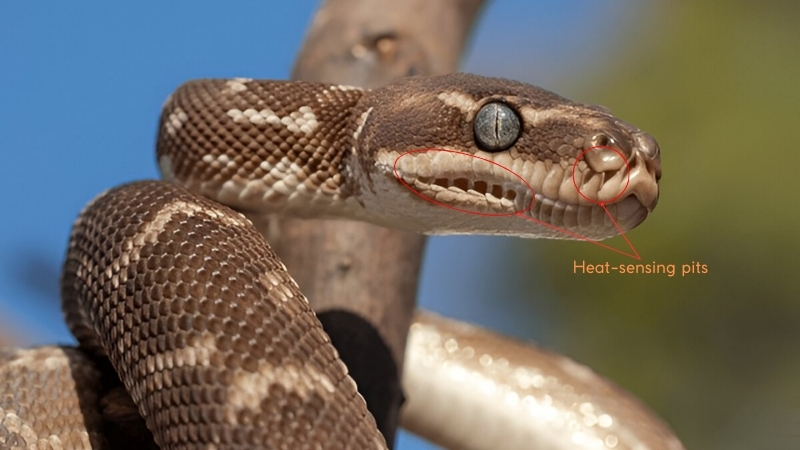 Boa snake close-up showing heat-sensing pits along the upper lip