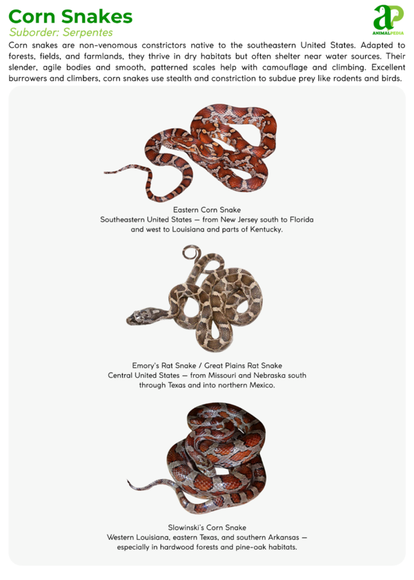 Collage of various Corn Snakes species