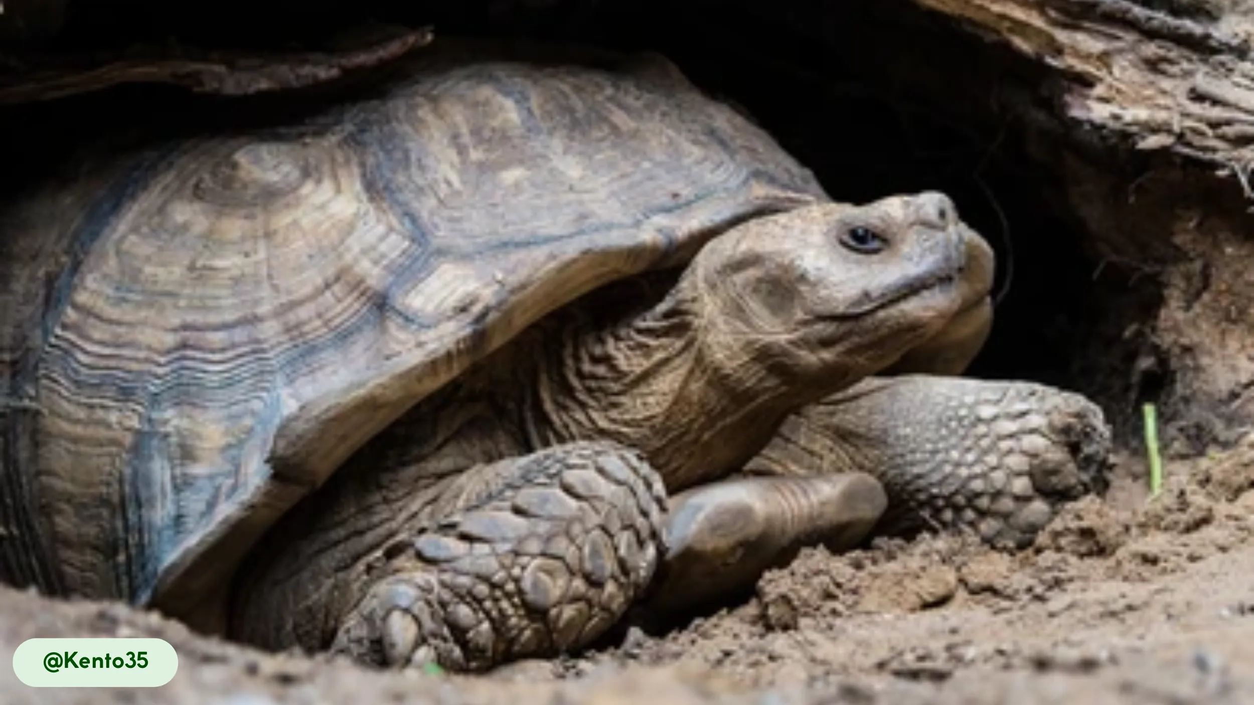 A tortoise peeks out of a burrow, its textured shell and alert expression visible as it relaxes in its underground retreat.